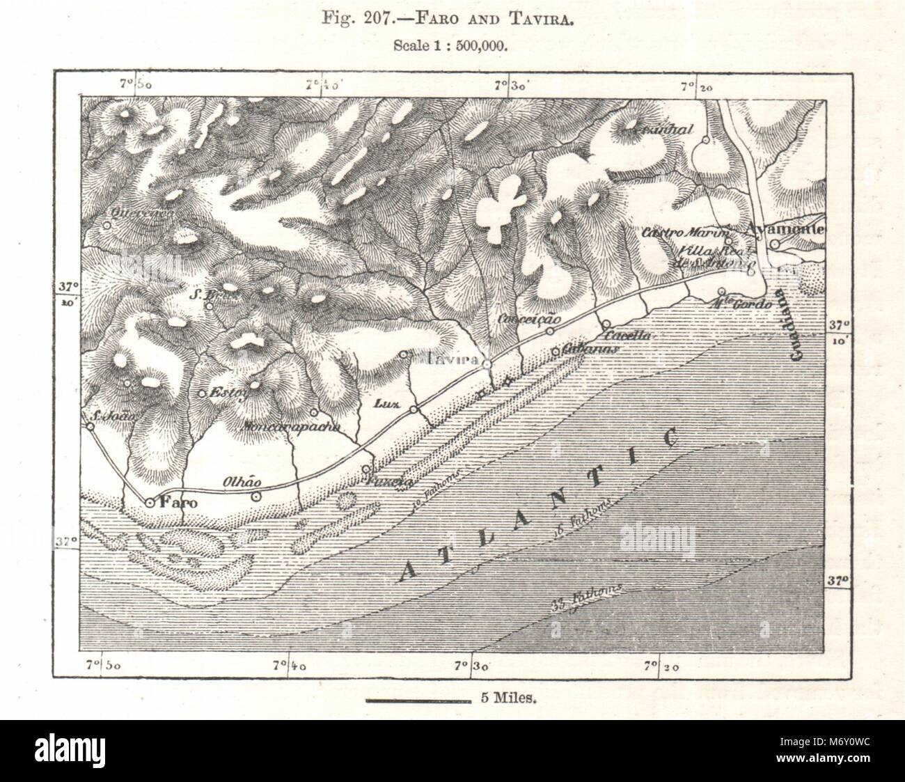 Faro and Tavira. Algarve Portugal. Sketch map 1885 old antique plan chart Stock Photo