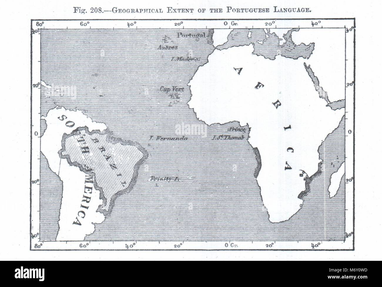 Geographical Extent of the Portuguese Language. Brazil Africa. Sketch map 1885 Stock Photo