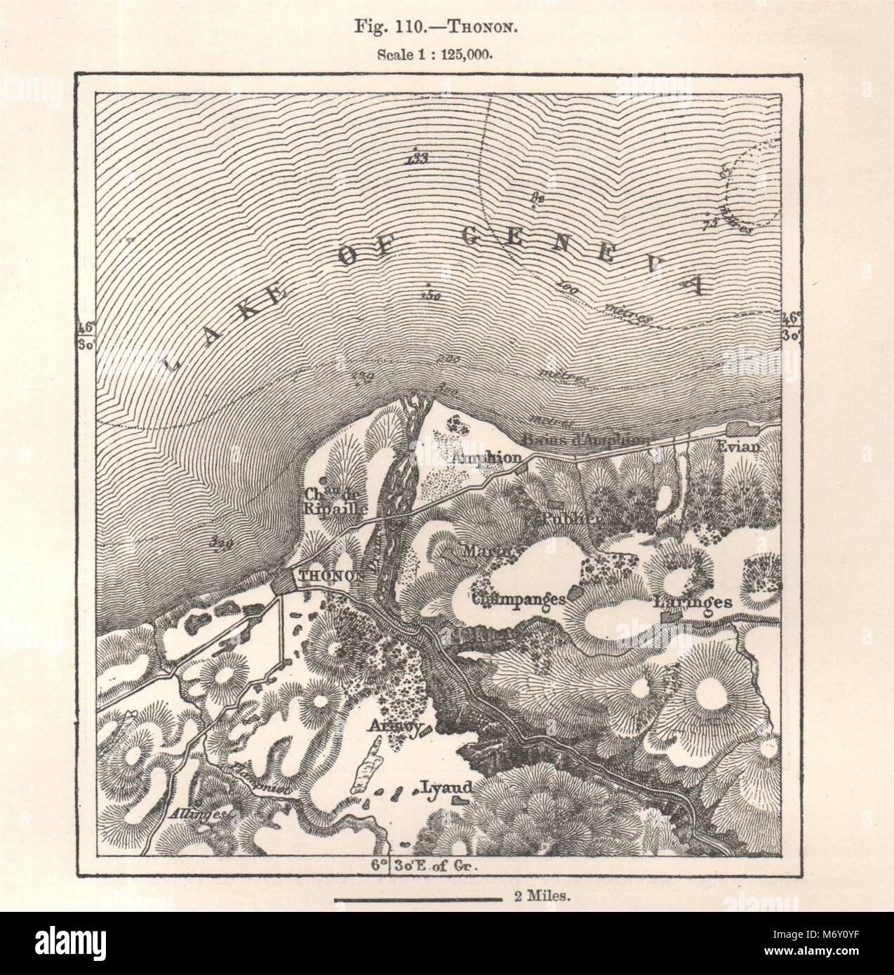 LAKE GENEVA//LAC LÉMAN St Cergue Chatel St Jean d/'Aulph Lausanne Evian 1897 map