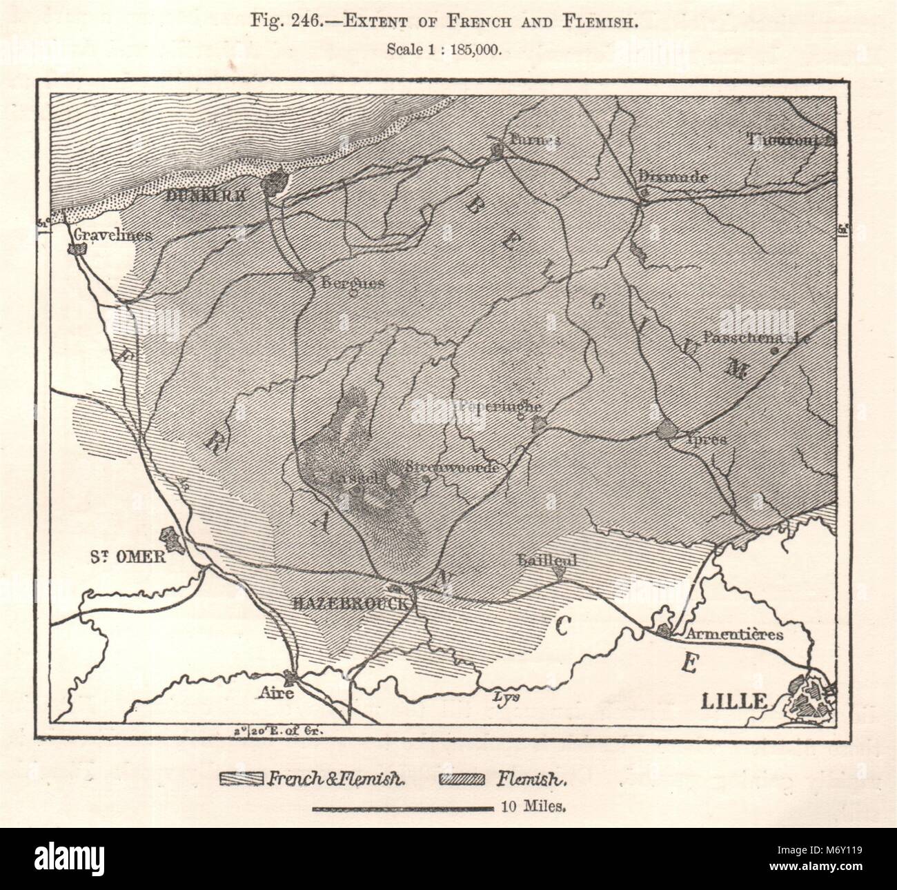 Extent of French and Flemish languages. Dunkirk. Nord France. Sketch map 1885 Stock Photo Alamy