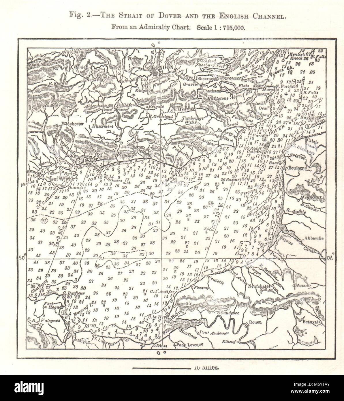 Dover Strait & English Channel from Admiralty Chart. Soundings. Sketch map 1885 Stock Photo