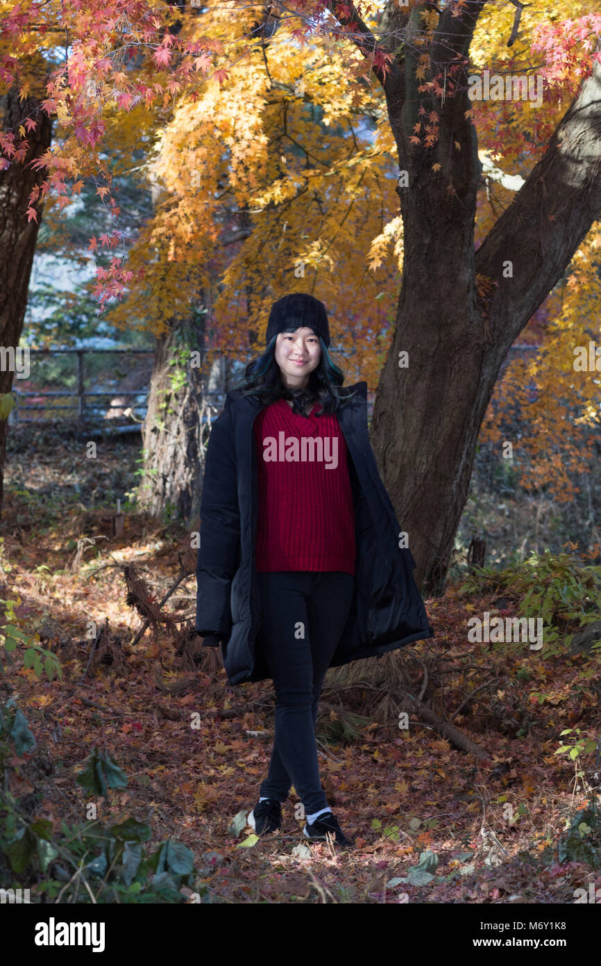 Young female posing in front of beautiful trees in Autumn when the ...