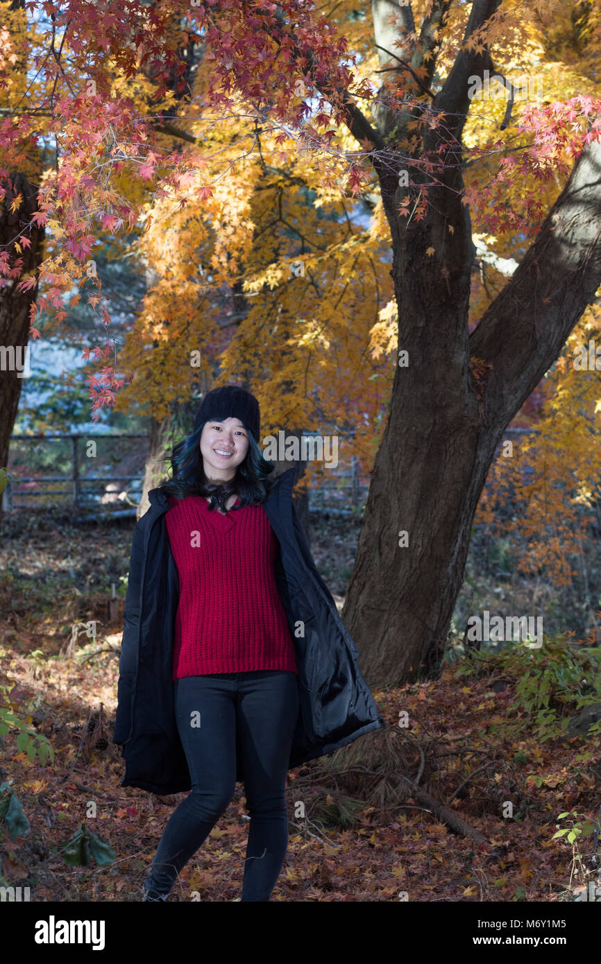 Young female posing in front of beautiful trees in Autumn when the leaves are red, orange and yellow Stock Photo