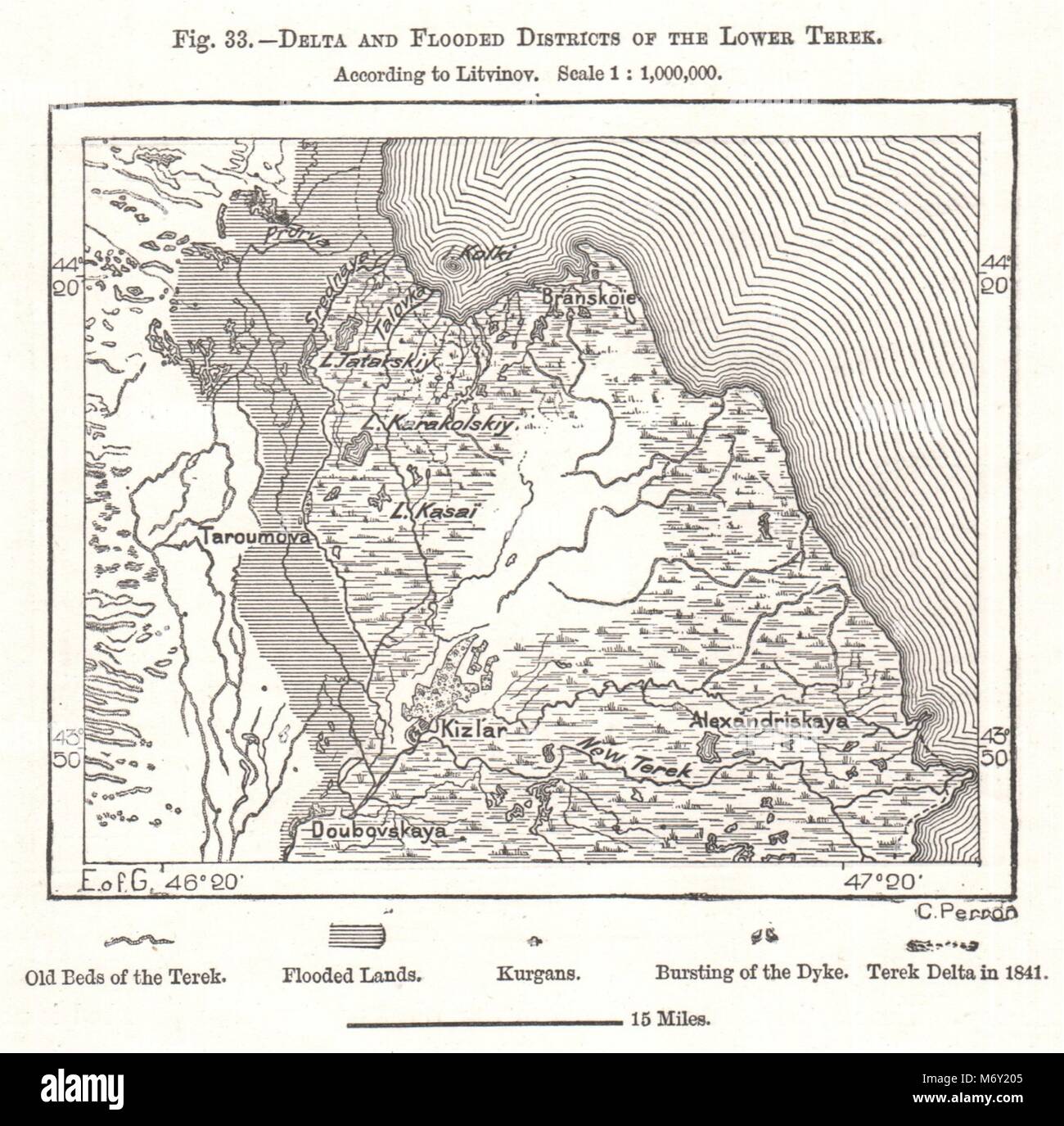 Delta and Flooded Districts of the Lower Terek. Russia. Sketch map 1885 Stock Photo