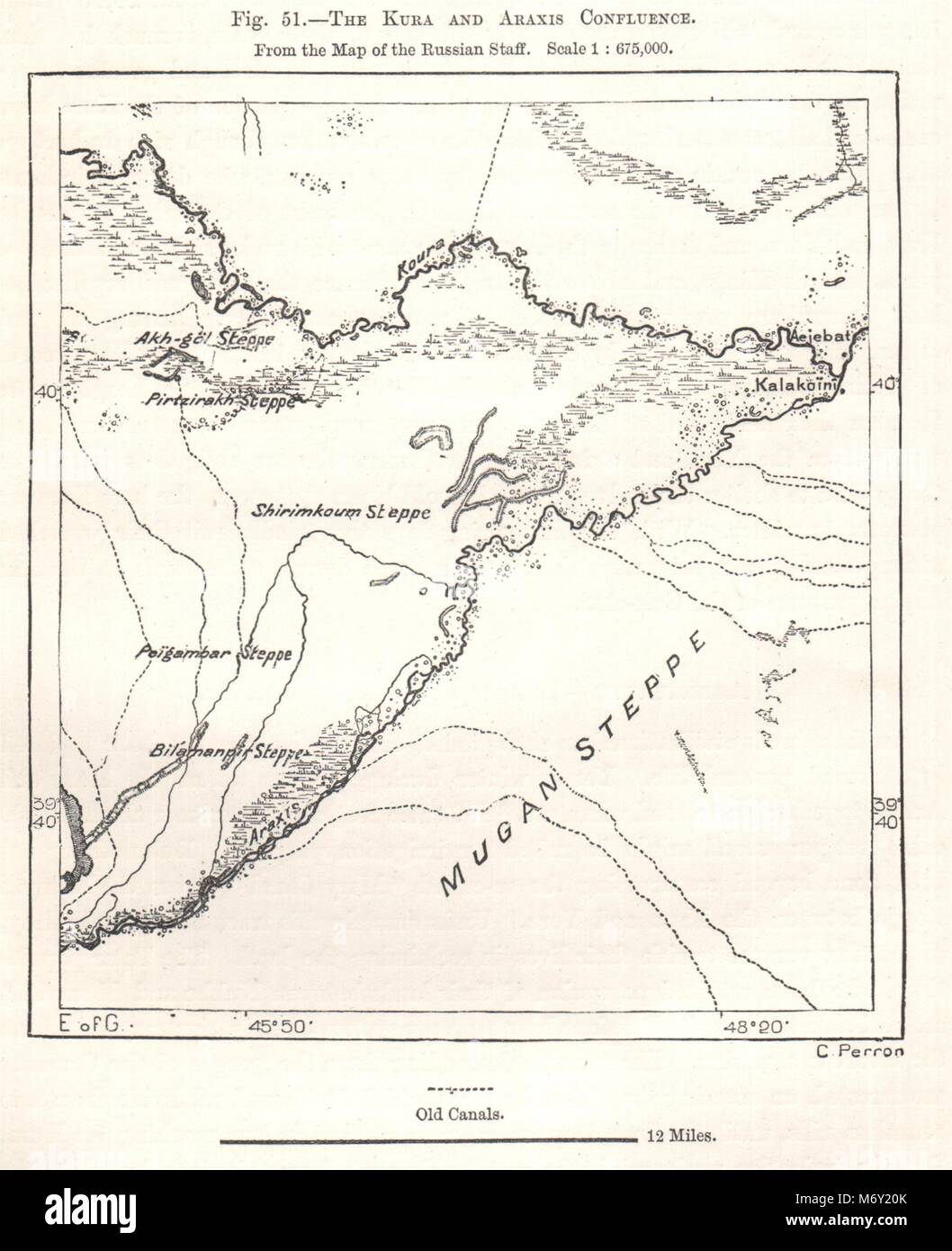 The Mtkvari and Aras Confluence. Azerbaijan. Sketch map 1885 old antique Stock Photo
