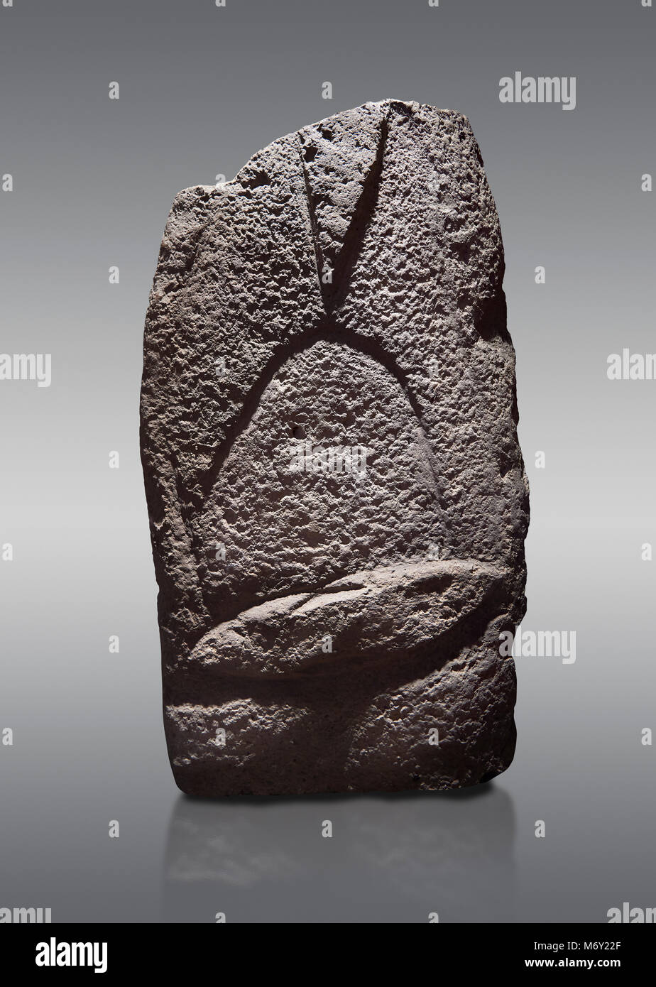 Late European Neolithic prehistoric Menhir standing stone with carvings on its face side. The representation of a stylalised male figure starts at the Stock Photo