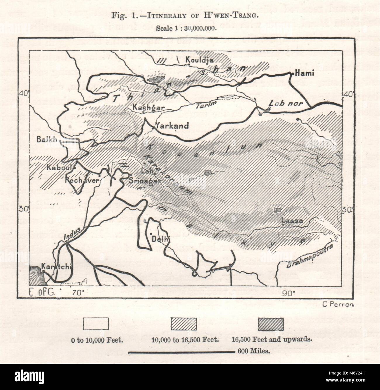 H'wen-Tsang. Xuanzang itinerary. India Afghanistan Central Asia. Sketch map 1885 Stock Photo