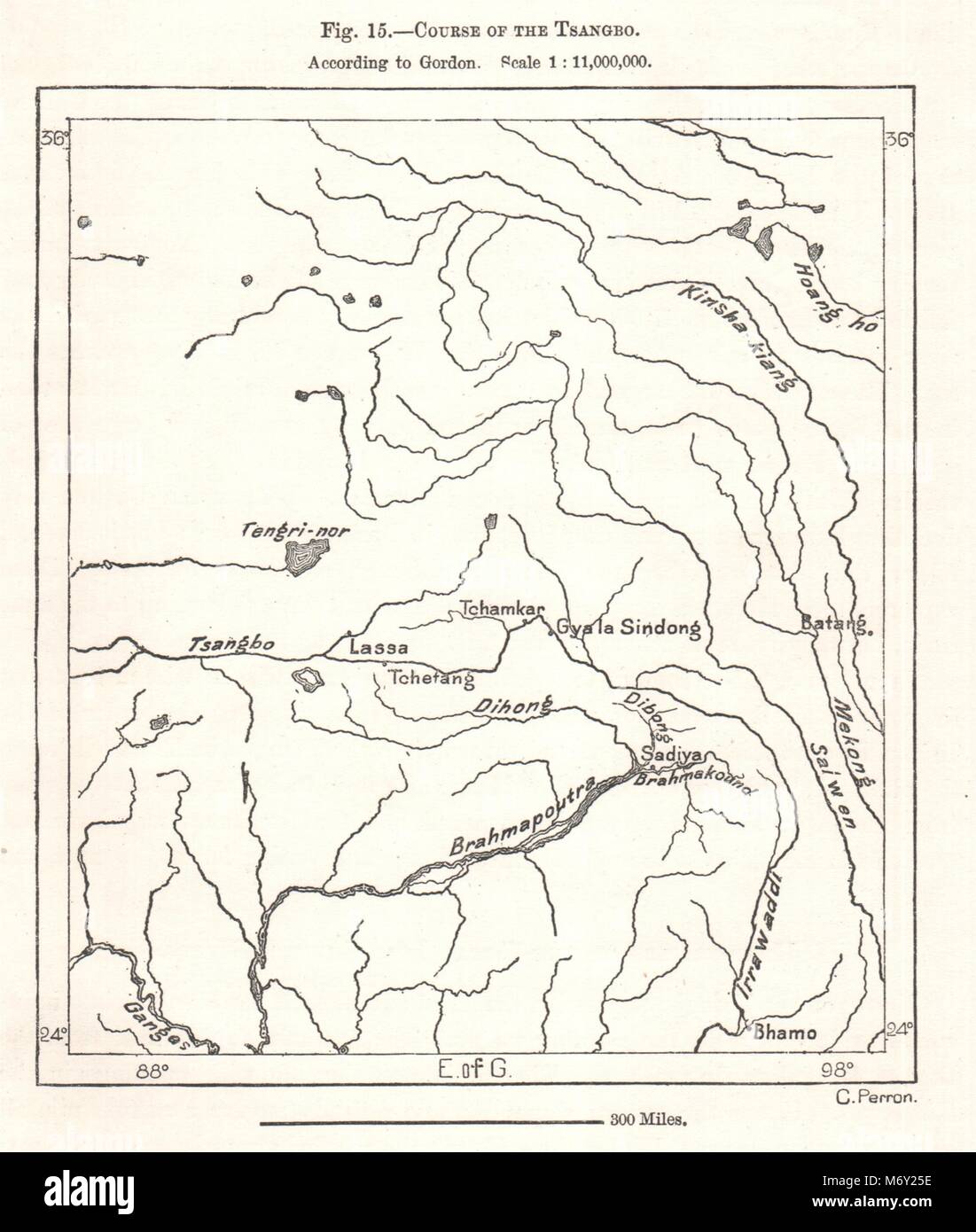 Course of the Yarlung Tsangpo according to Gordon. Tibet. Sketch map 1885 Stock Photo