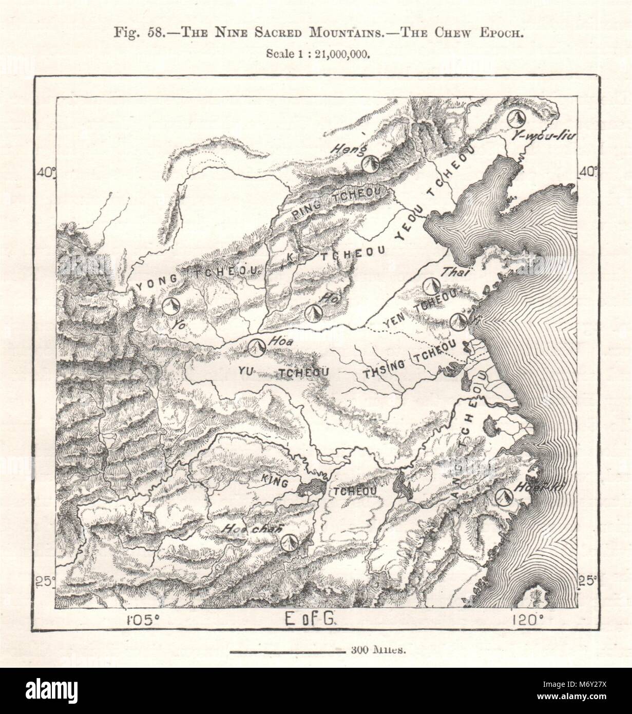 The Nine Sacred Mountains - The Chew Epoch. China. Sketch map 1885 old Stock Photo