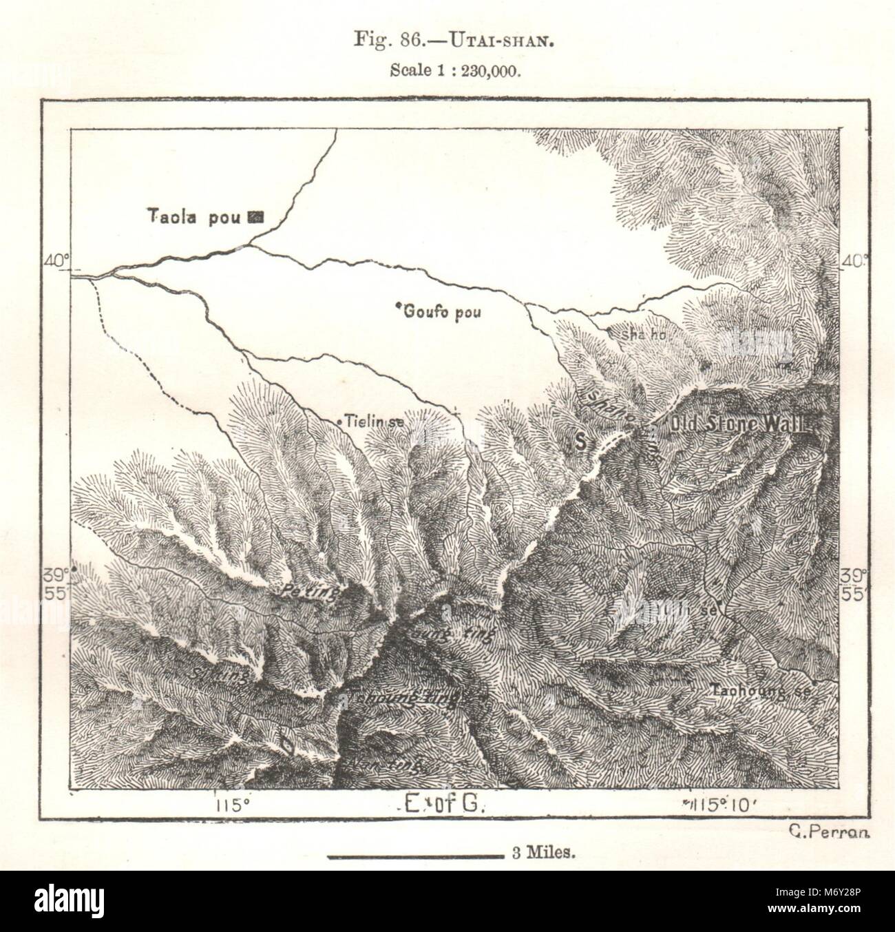 Mount Wutai. Wutaishan. Qingliang. Qingshui Shanxi China. Sketch map 1885 Stock Photo