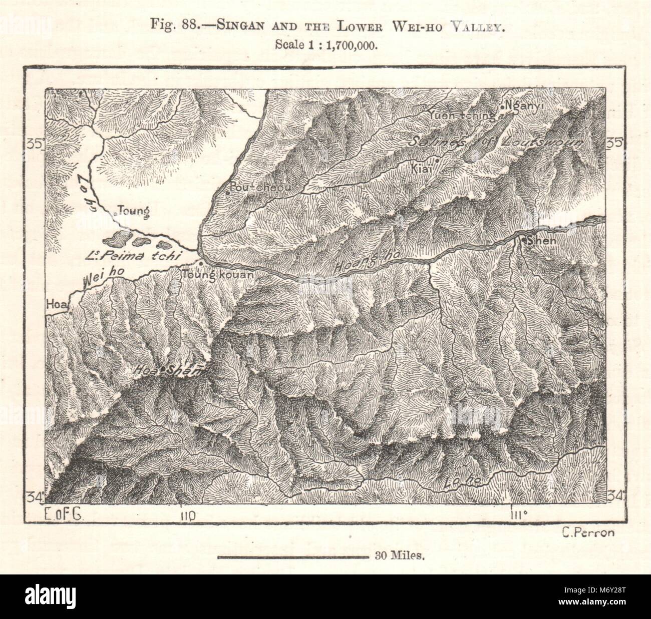 Yuncheng Sanmenxia Tongguan Huashan Huayin Yellow/Weihe rivers. Sketch map 1885 Stock Photo