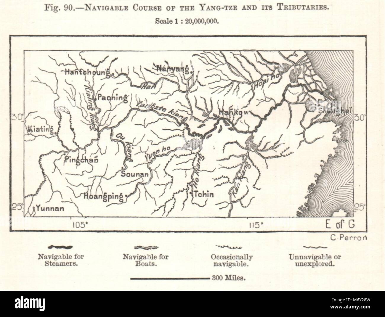 Navigable Course of the Yang-tze and its Tributaries. China. Sketch map 1885 Stock Photo