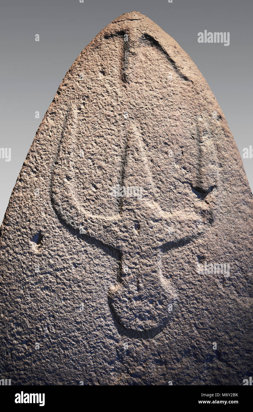 Late European Neolithic prehistoric Menhir standing stone with carvings on its face side. The representation of a stylalised male figure starts at the Stock Photo