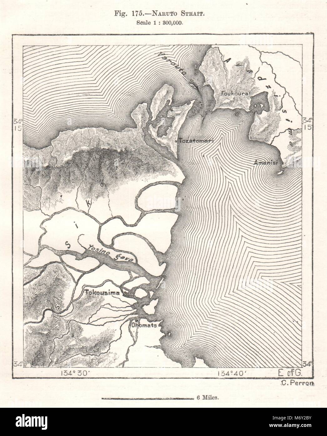 Naruto Strait. Awaji Island. Shikoku. Japan. Tokushima. Sketch map 1885 Stock Photo