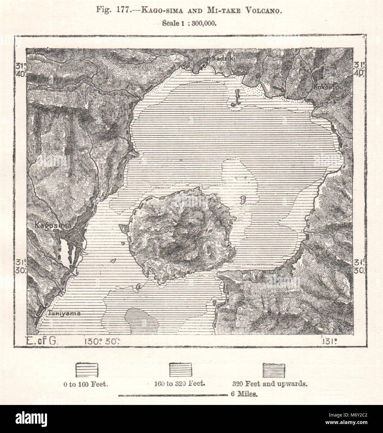 Kagoshima bay. Mount Ontake Volcano. Sakurajima. Japan. Sketch map 1885