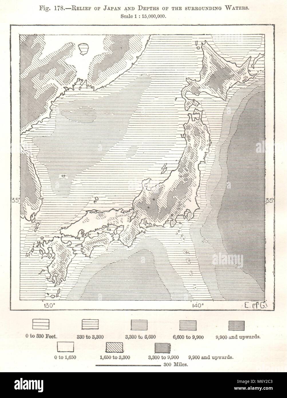 Relief of Japan and Depths of the Surrounding Waters. Sketch map 1885 old Stock Photo - Alamy