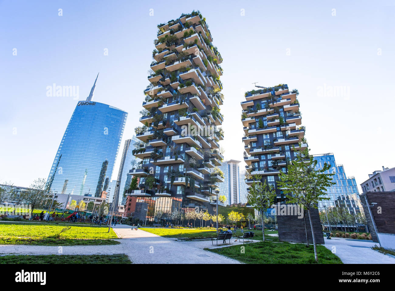 MILAN, ITALY, MARCH 28, 2017 -  'Bosco Verticale', vertical forest apartment and  buildings and Unicredit Tower in the area 'Isola' of the city of Mil Stock Photo