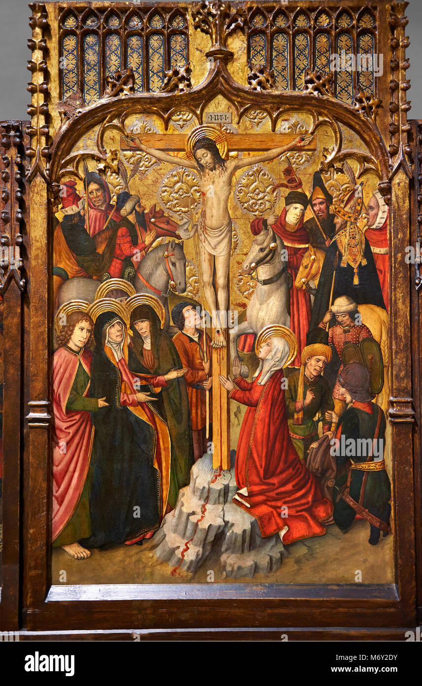 Gothic Catalan altarpiece of, left to right, the martydom of St Bartholomew, Calvaty and the deat of St Mary Magdelene, by Jaume Huguet, Barcelona cir Stock Photo