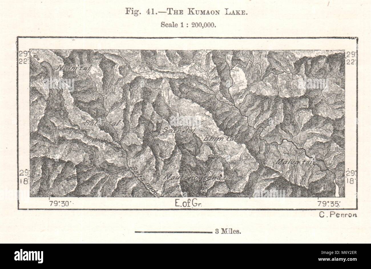 The Kumaon Lake. Naukuchiatal Nainital India. Sketch map 1885 old antique Stock Photo
