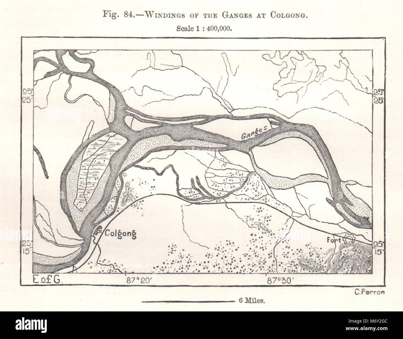 Windings of the Ganges at Kahalgaon. India. Sketch map 1885 old antique Stock Photo