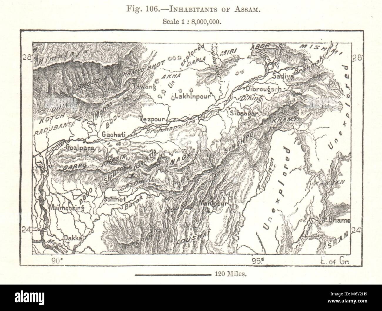 Inhabitants of Assam Sketch map 1885 old antique plan chart India 