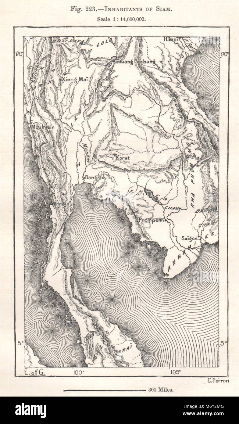 Inhabitants of Siam. Thailand. Sketch map 1885 old antique plan chart Stock Photo