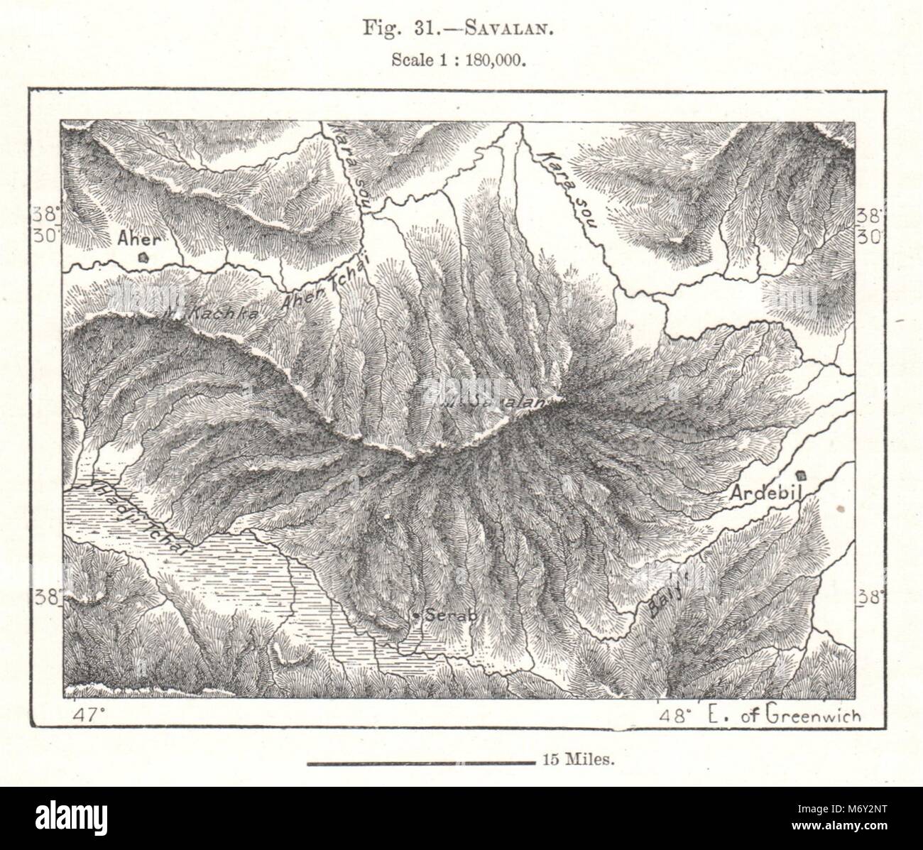 Mount Sabalan. Iran. Sketch map 1885 old antique vintage plan chart Stock Photo