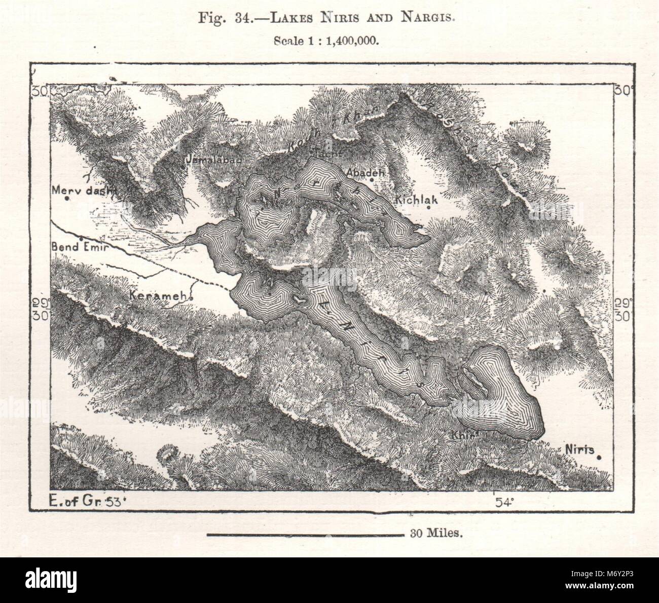 Lakes Bakhtegan and Tashk. Iran. Sketch map 1885 old antique plan chart Stock Photo