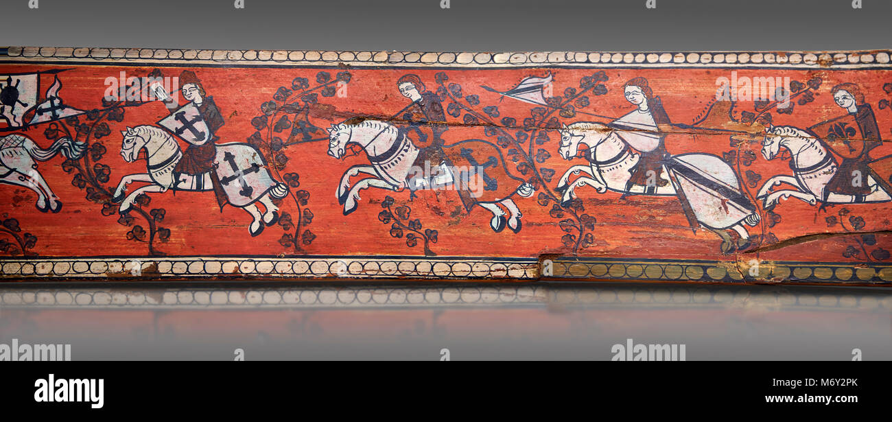 Gothic decorative painted beam panels with gknights on horses, Tempera on wood. National Museum of Catalan Art (MNAC), Barcelona, Spain Stock Photo