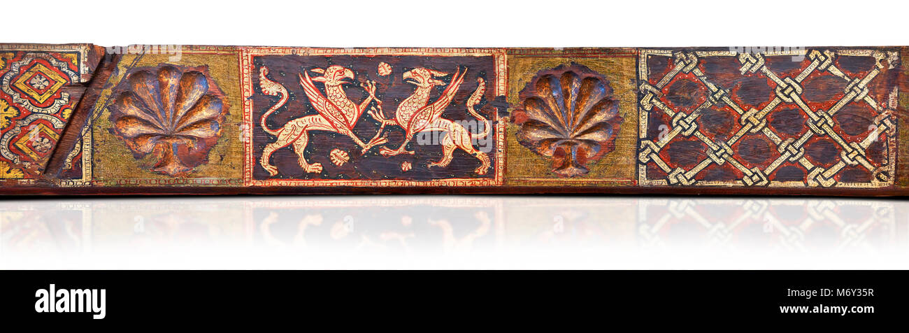 Gothic decorative painted beam panels with griffins and a carved syalise tree, Tempera on wood. National Museum of Catalan Art (MNAC), Barcelona, Spai Stock Photo