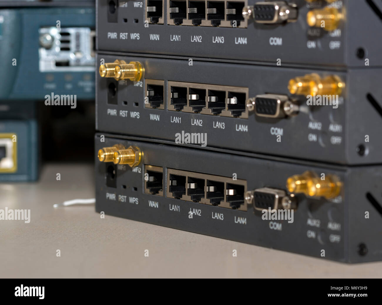 Networking devices WAN, LAN, COM. Close-up networking devices router ...