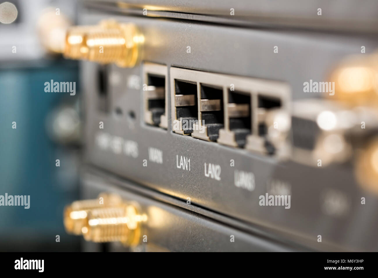 Networking devices WAN, LAN, COM. Closeup networking devices router