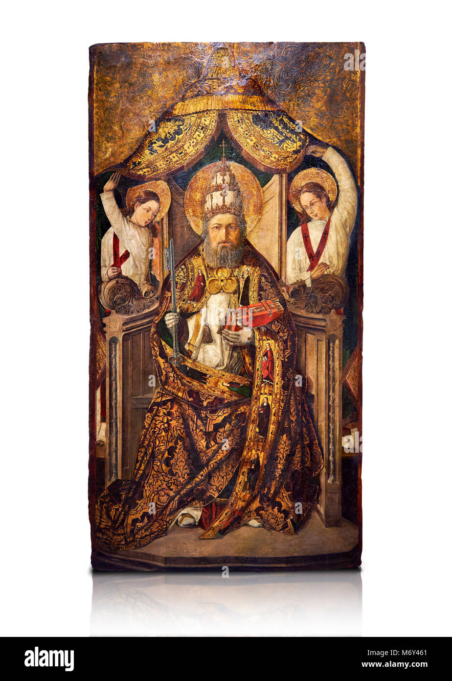 Gothic Catalan altarpiece of Saint Peter enthroned, by Roderic d'Orsona of Valencia, circa 1475, tempera and gold leaf on wood.  National Museum of Ca Stock Photo