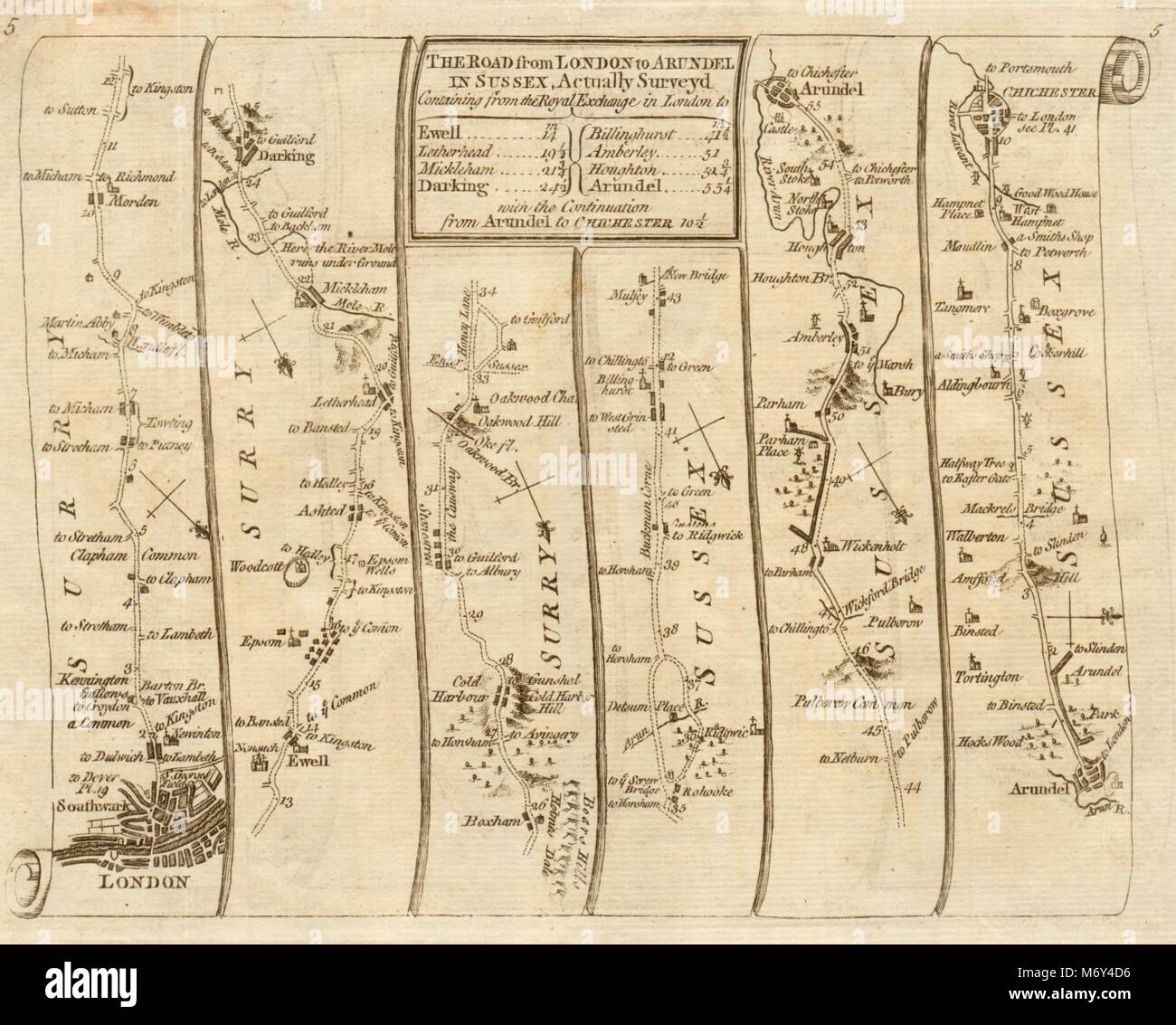 London Clapham Epsom Leatherhead Arundel Chichester. KITCHIN road map 1767 Stock Photo