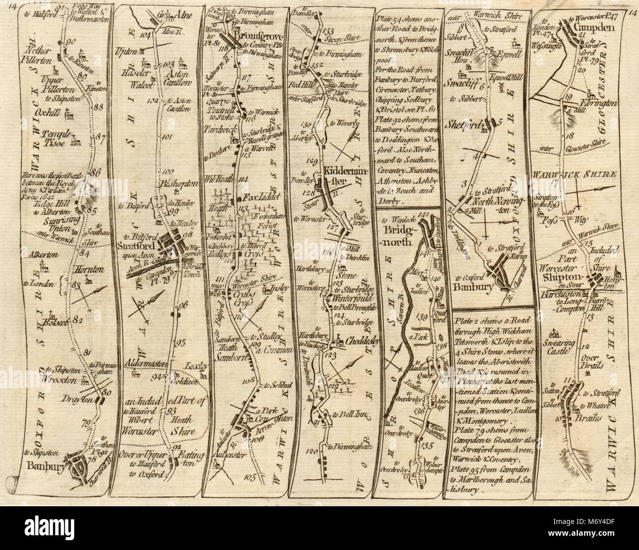 Banbury Stratford Bromsgrove Kidderminster Bridgnorth. KITCHIN road map 1767 Stock Photo