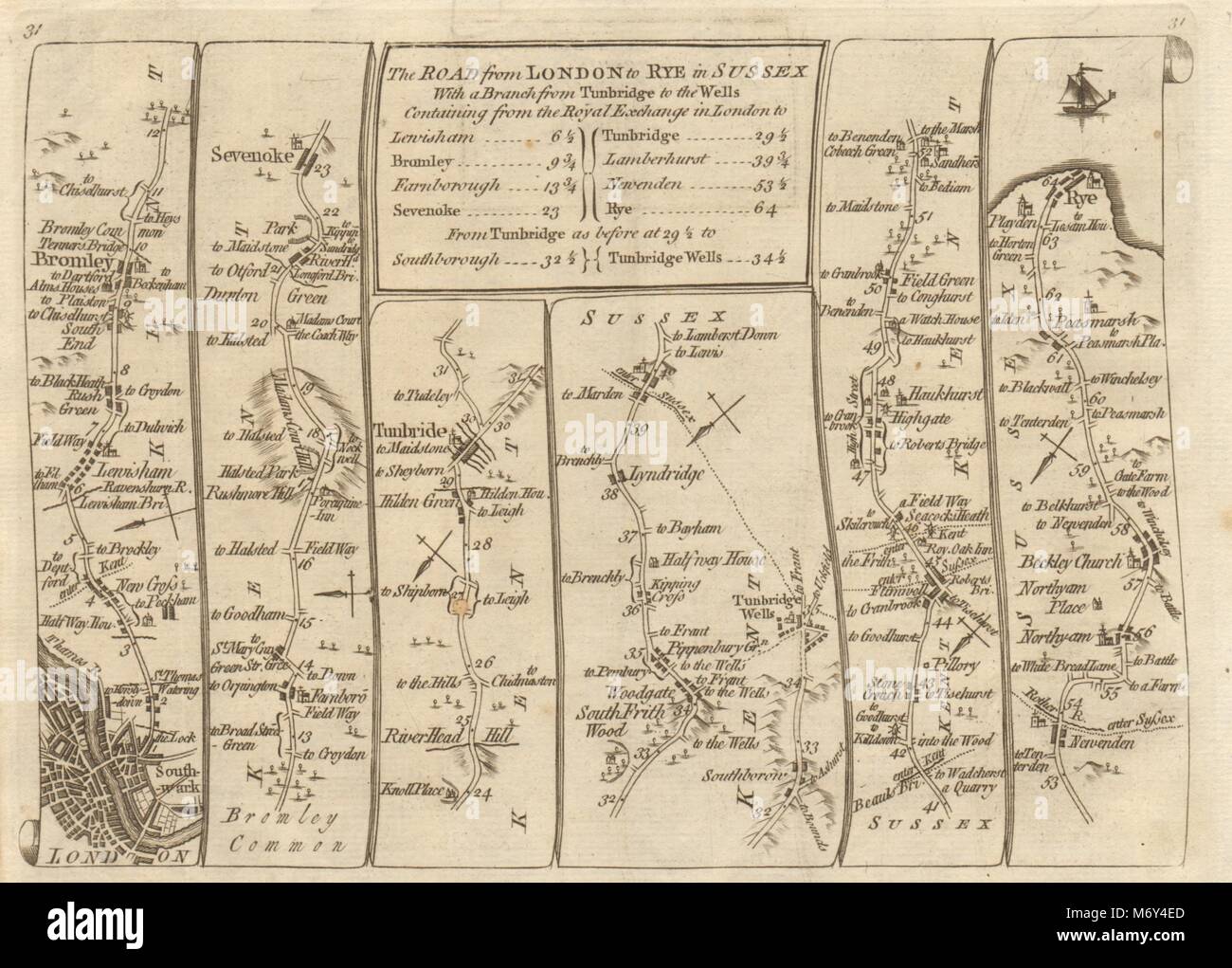 London Lewisham Bromley Sevenoaks Tunbridge Wells Rye. KITCHIN road map 1767 Stock Photo