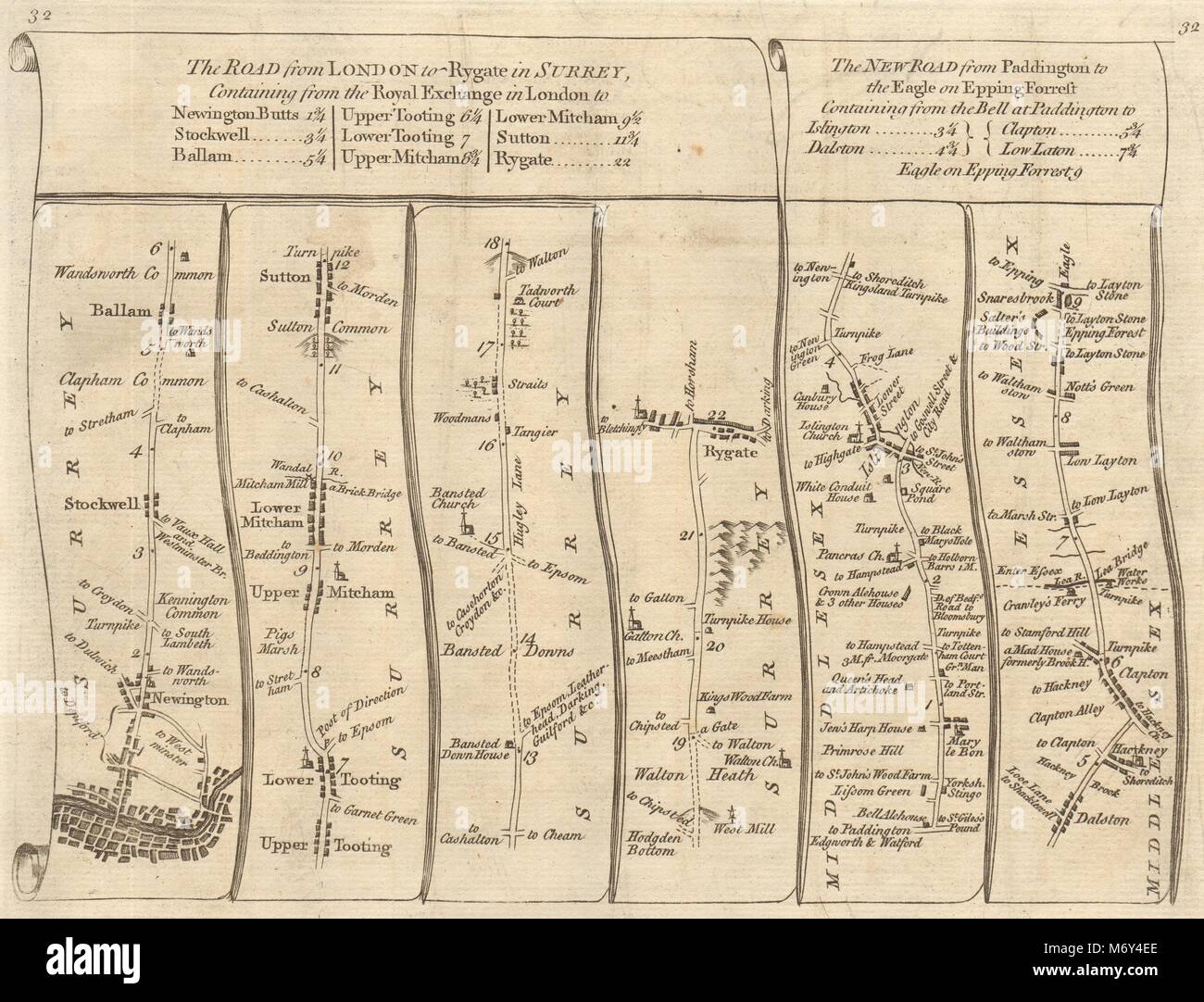 Stockwell Tooting Reigate Marylebone Euston Islington. KITCHIN road map 1767 Stock Photo