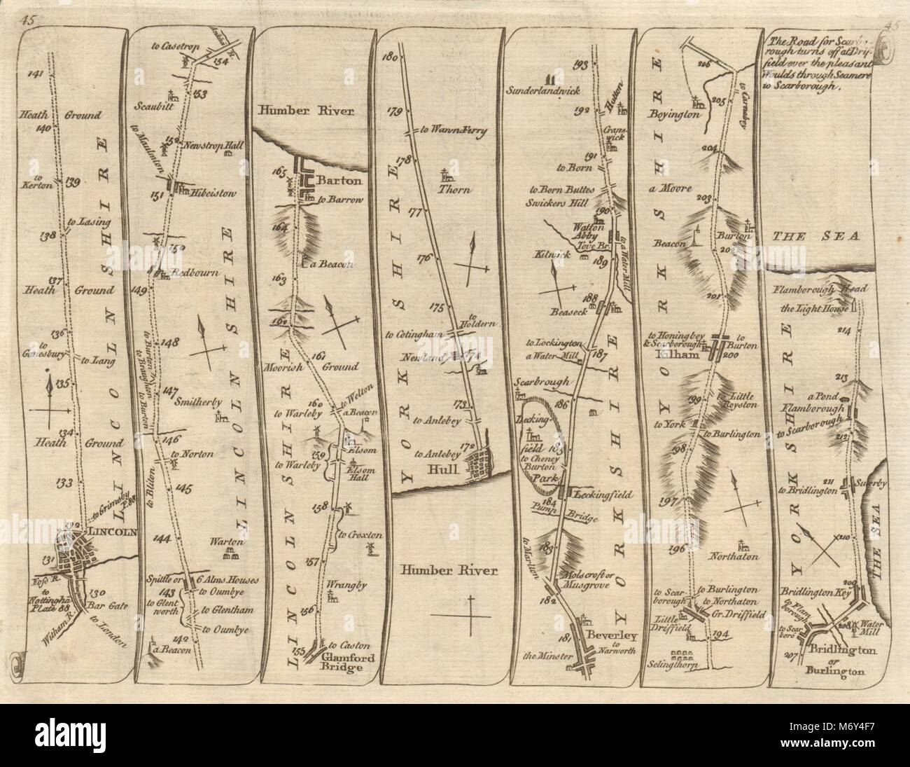 Lincoln Hull Beverley Scarborough Bridlington Flamborough KITCHIN road map 1767 Stock Photo