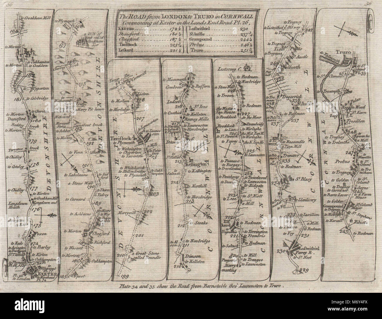 Exeter Chagford Tavistock Liskeard St Austell Truro. KITCHIN road map 1767 Stock Photo
