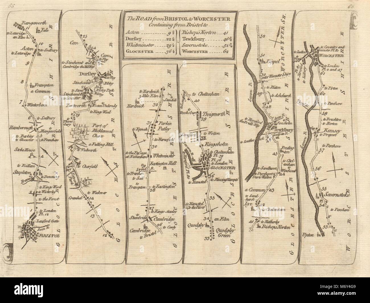 Bristol Dursley Gloucester Tewkesbury Kempsey Worcester. KITCHIN road map 1767 Stock Photo