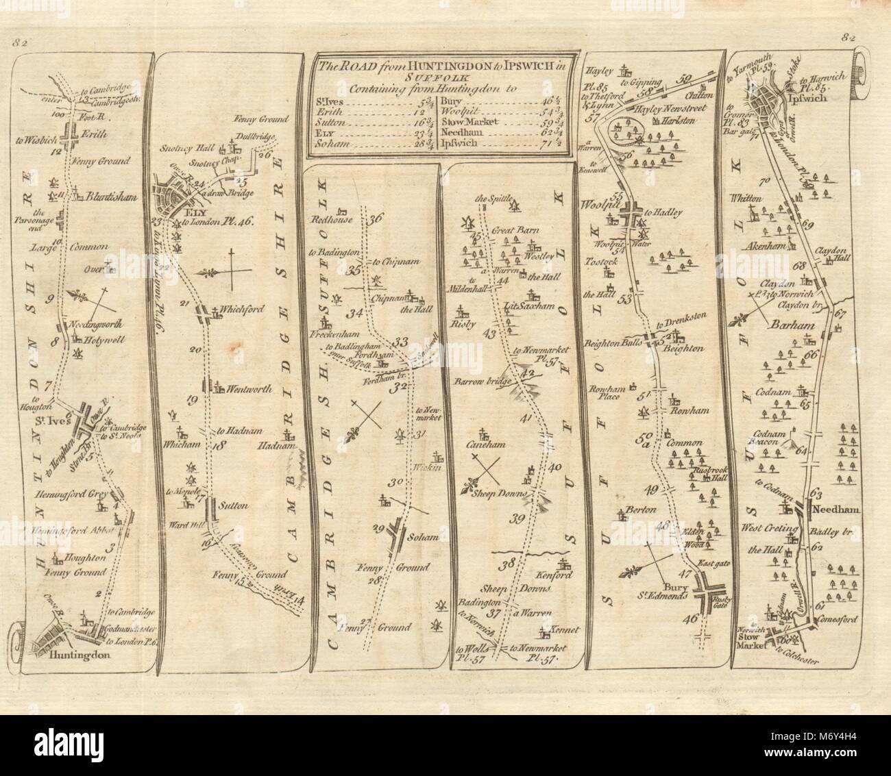 Huntingdon St Ives Ely Soham Bury St Edmunds Ipswich. KITCHIN road map 1767 Stock Photo