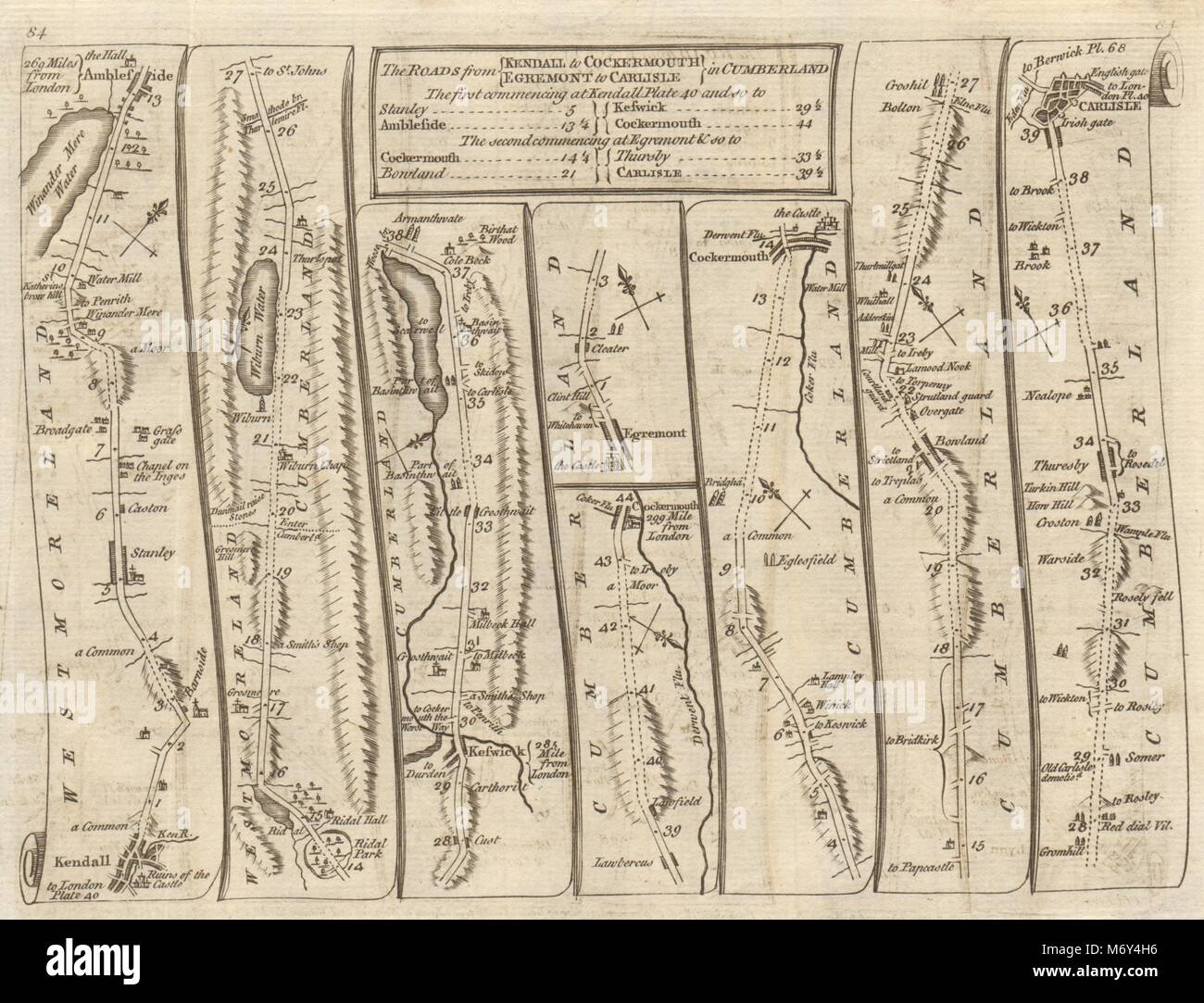 Kendall Ambleside Rydal Keswick Cockermouth Carlisle. KITCHIN road map 1767 Stock Photo