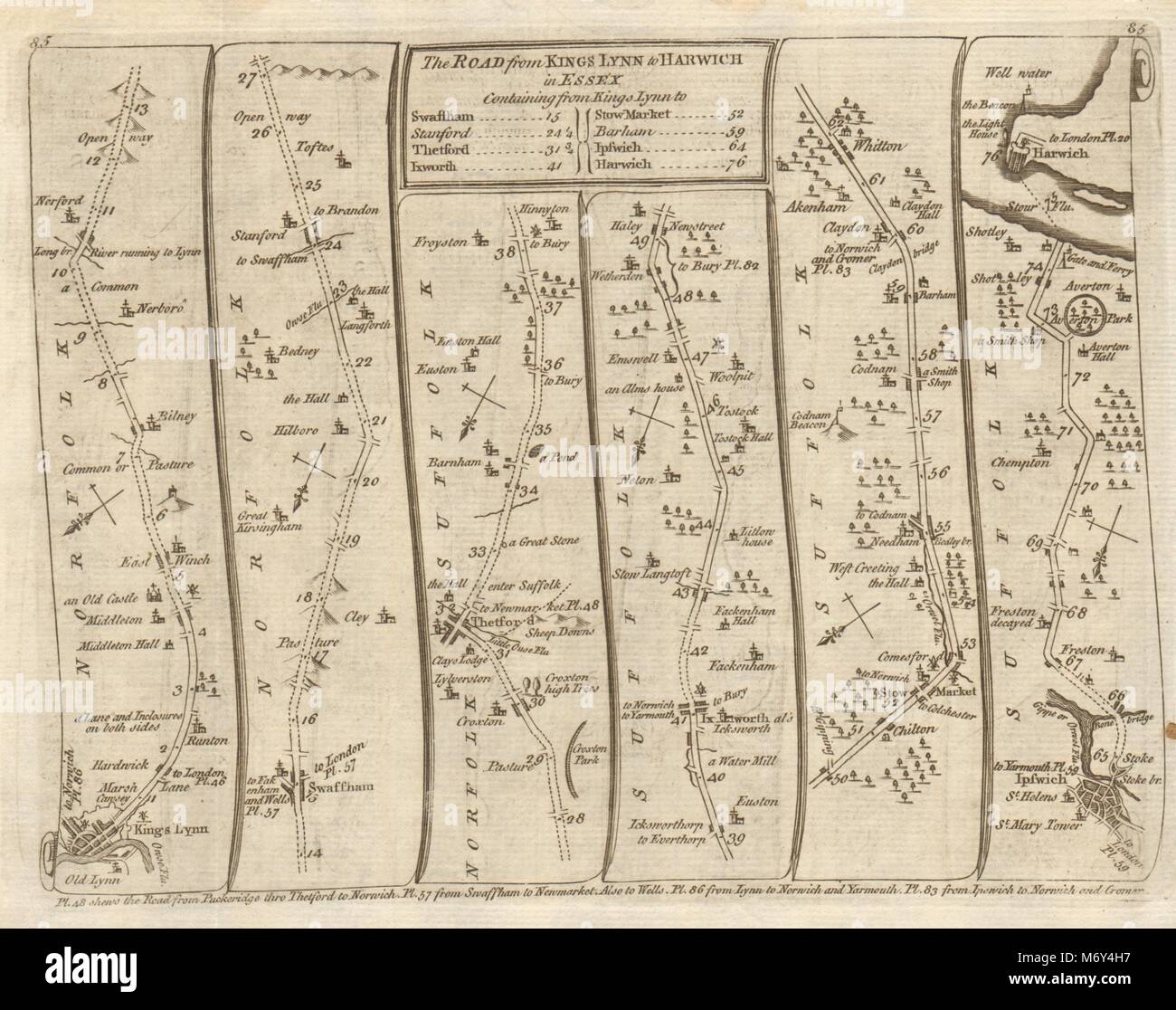 King's Lynn Swaffham Thetford Stowmarket Ipswich Harwich. KITCHIN road map 1767 Stock Photo