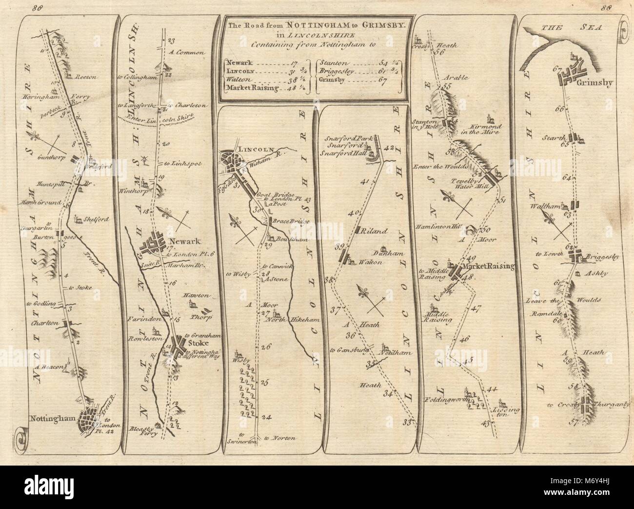 Nottingham Stoke Newark-on-Trent Lincoln Grimsby. KITCHIN road map 1767 Stock Photo