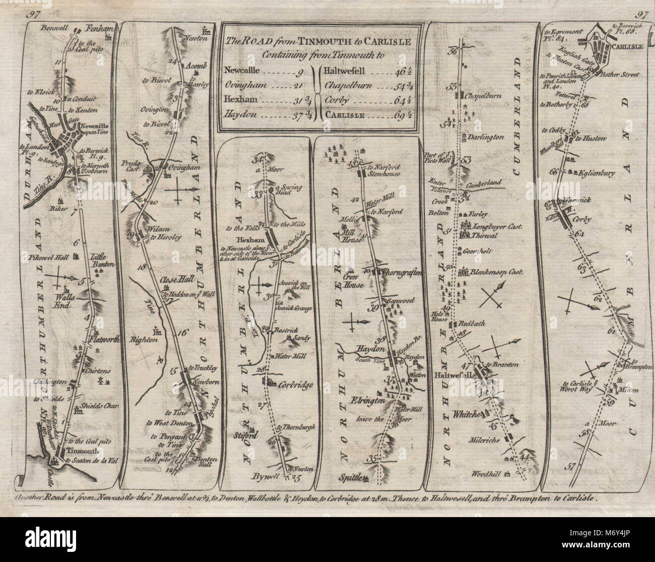 Tynemouth Newcastle-upon-Tyne Hexham Haltwhistle Carlisle KITCHIN road map 1767 Stock Photo