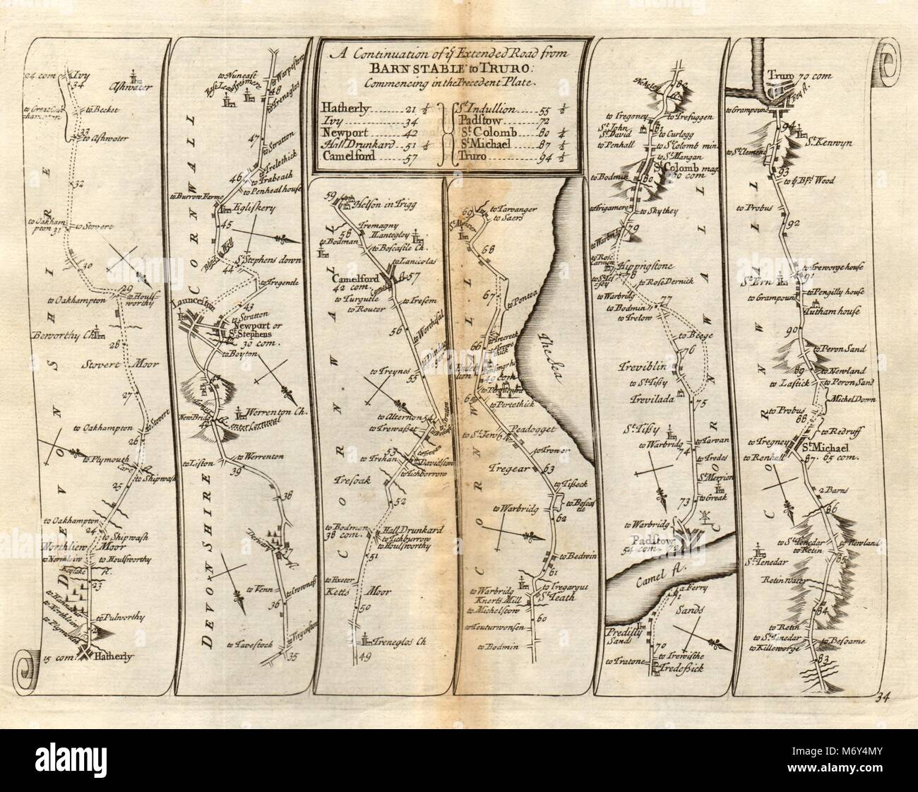 Launceston Camelford Padstow St Columb Major Truro SENEX #34 road map 1719 Stock Photo