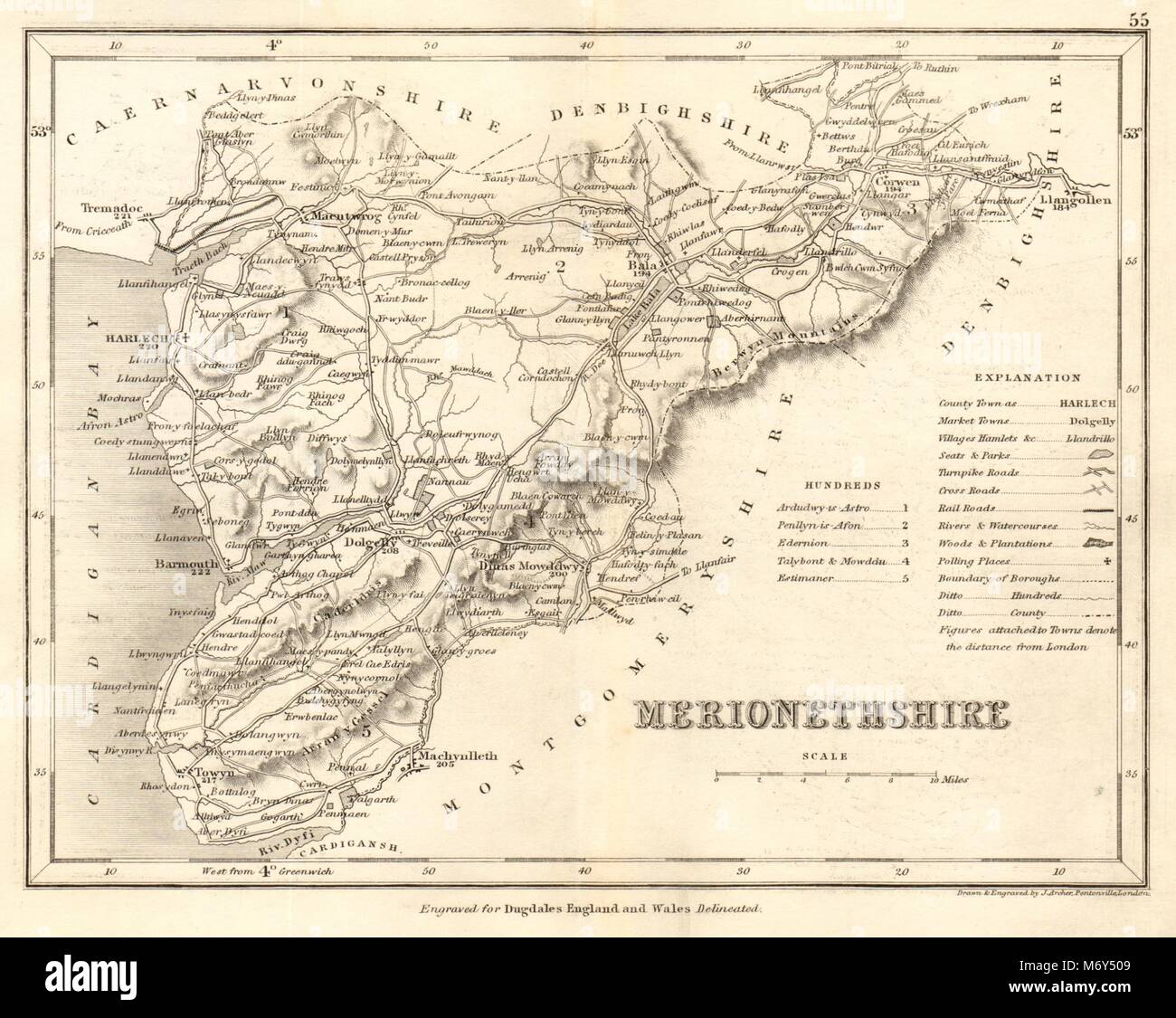 MERIONETHSHIRE county map by DUGDALE/ARCHER. Seats canals polling places 1845 Stock Photo