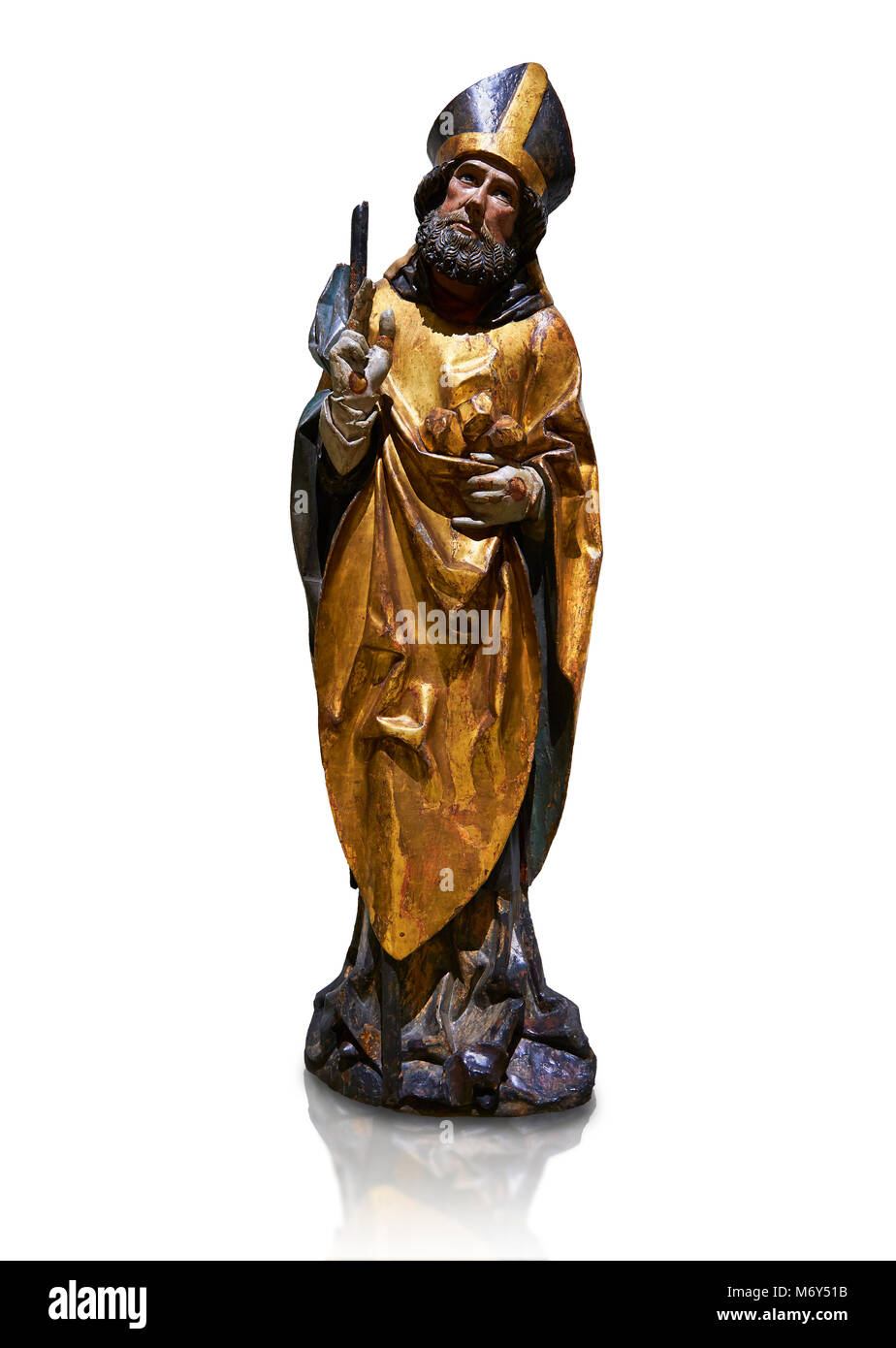 Gothic wooden statue of Sant Nicolau (Nicholas) from Gremany, circa 1500, tempera and gold leaf on wood, from the church of San Miguel de Medina del C Stock Photo