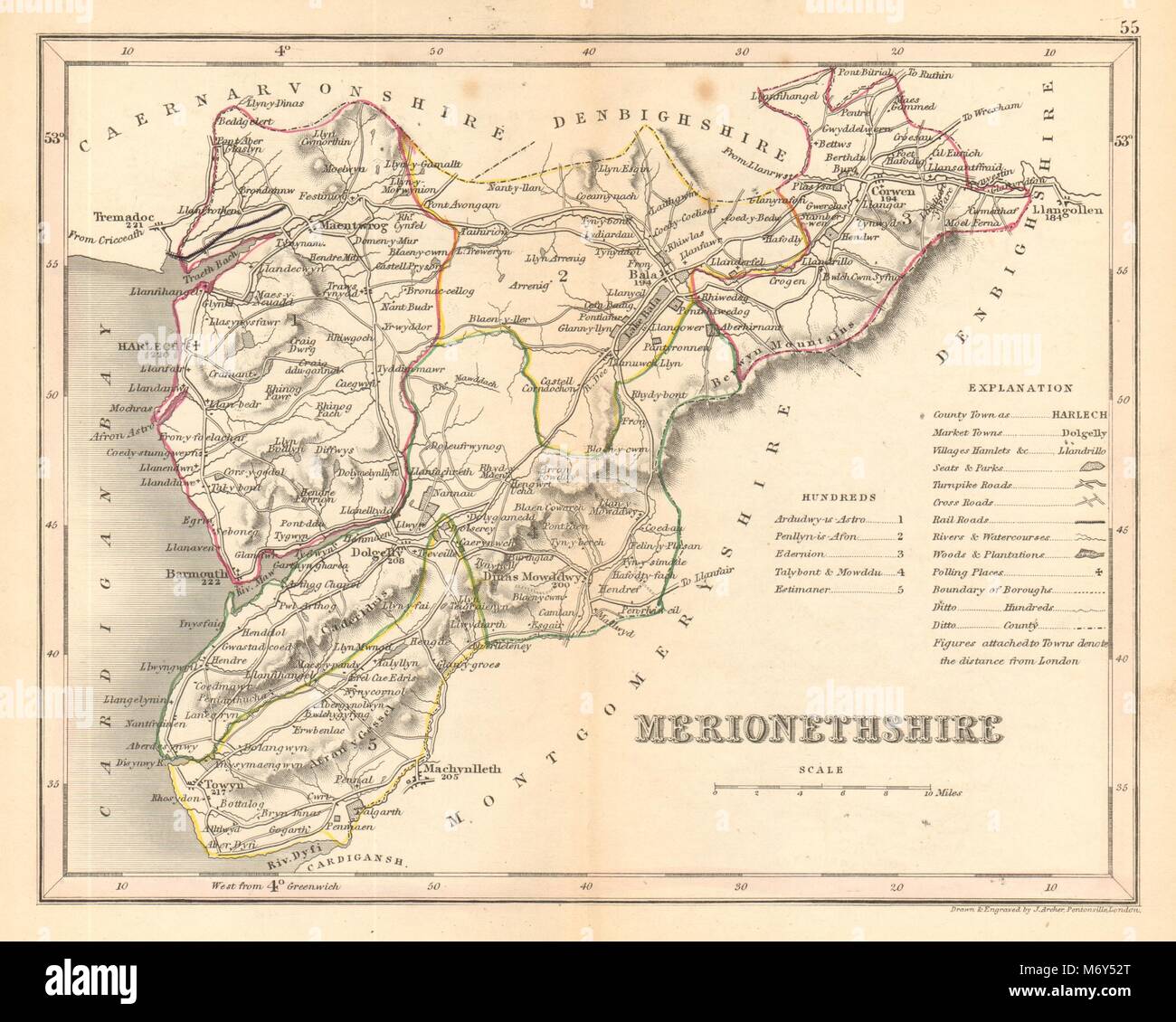 MERIONETHSHIRE county map by ARCHER & DUGDALE. Seats canals polling places c1845 Stock Photo