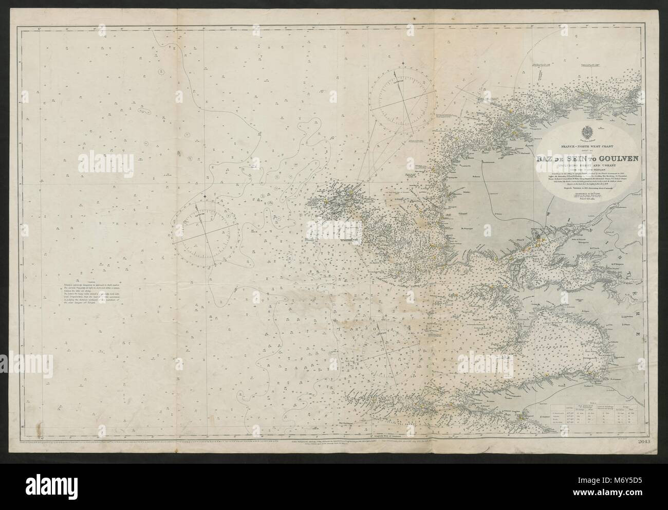 Finistère sea coast chart. Raz de Sein Goulven Brest Ushant. Admiralty 1900 map Stock Photo